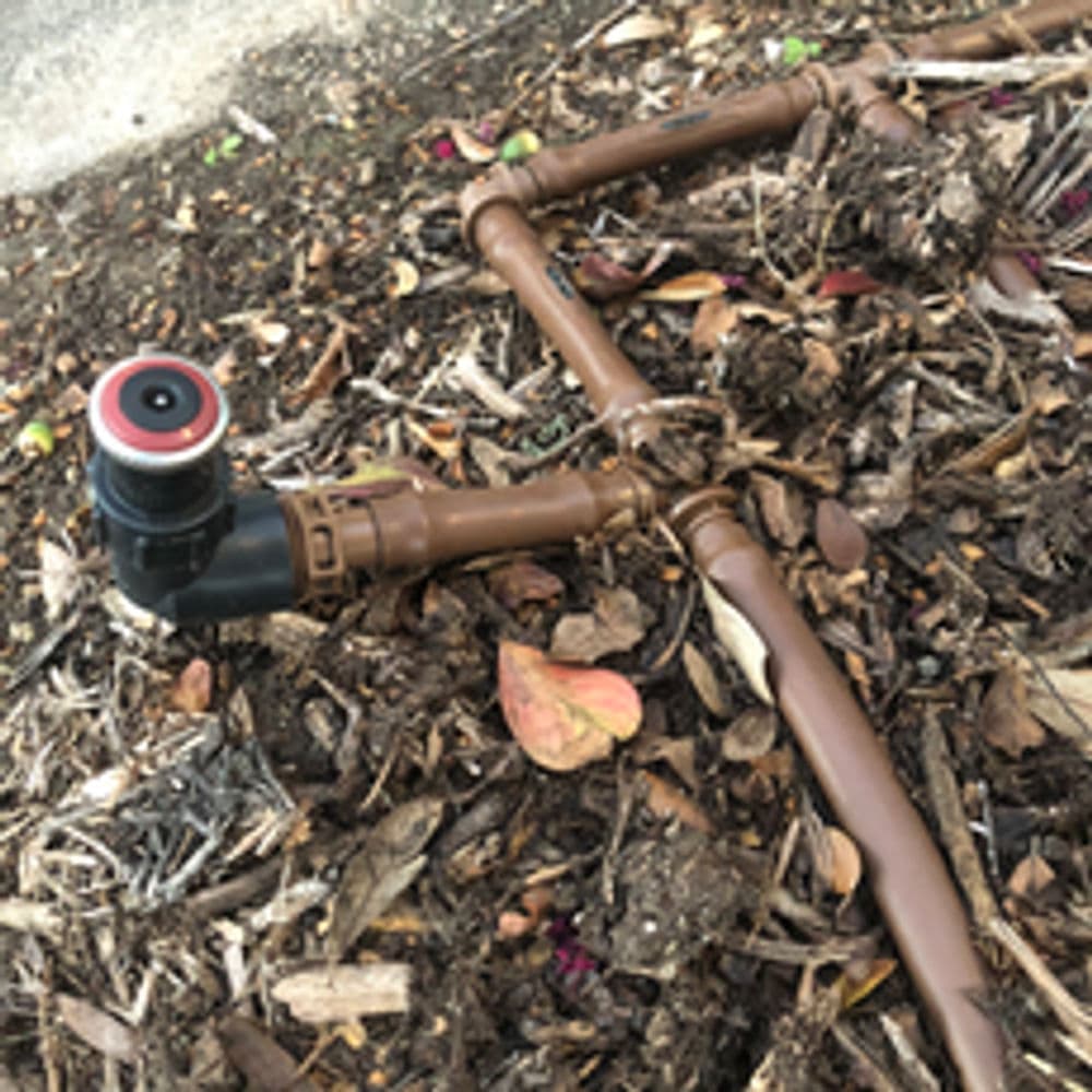 Drip irrigation system components on soil with brown mulch and fallen leaves.